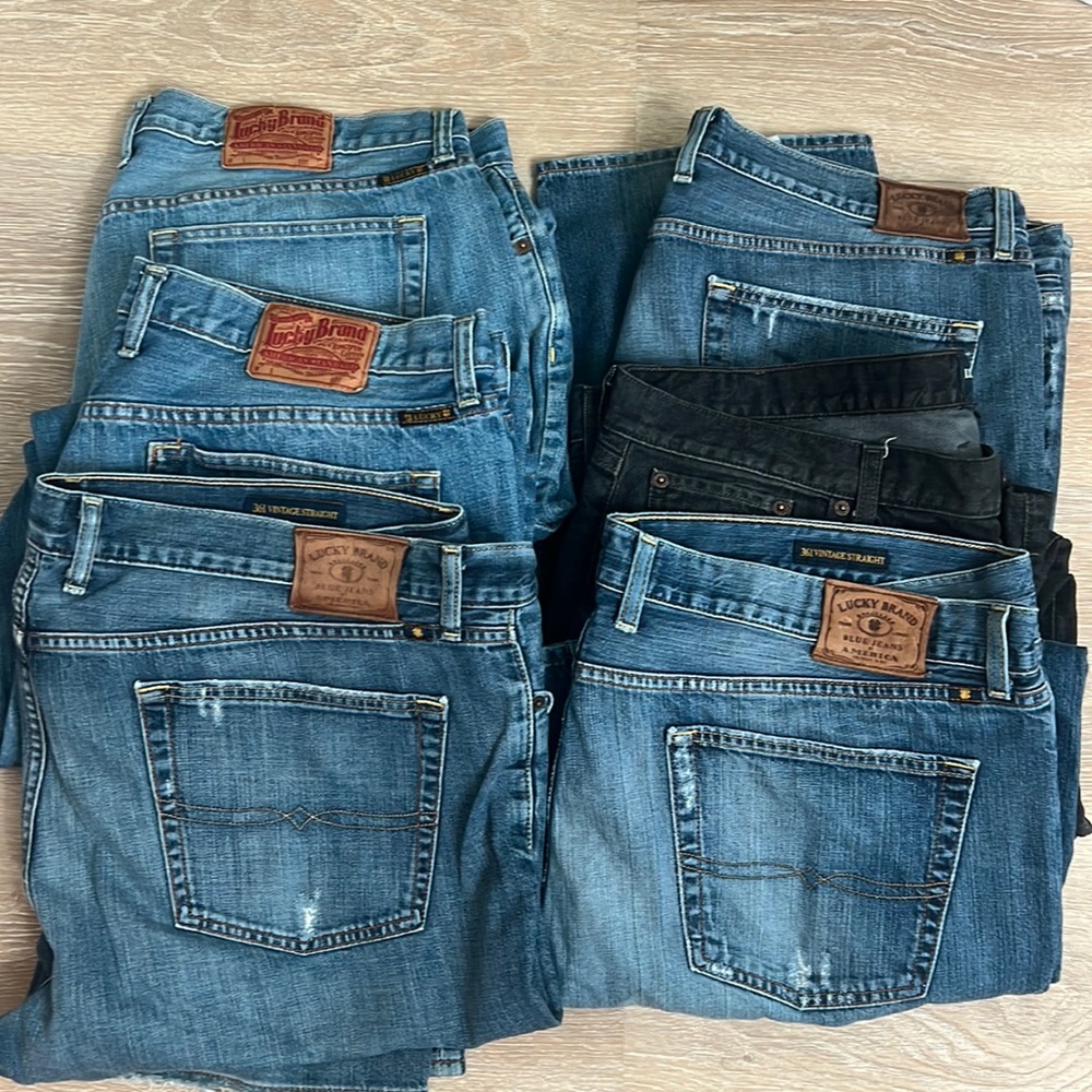 6 pairs of Men’s Lucky Brand Jeans size 40x30 straight cut. $20 per pair.